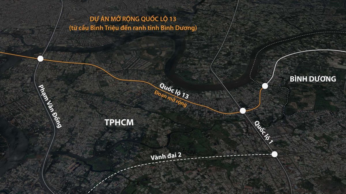 Bản đồ quy hoạch mở rộng Quốc lộ 13 với các nút giao và cầu cạn